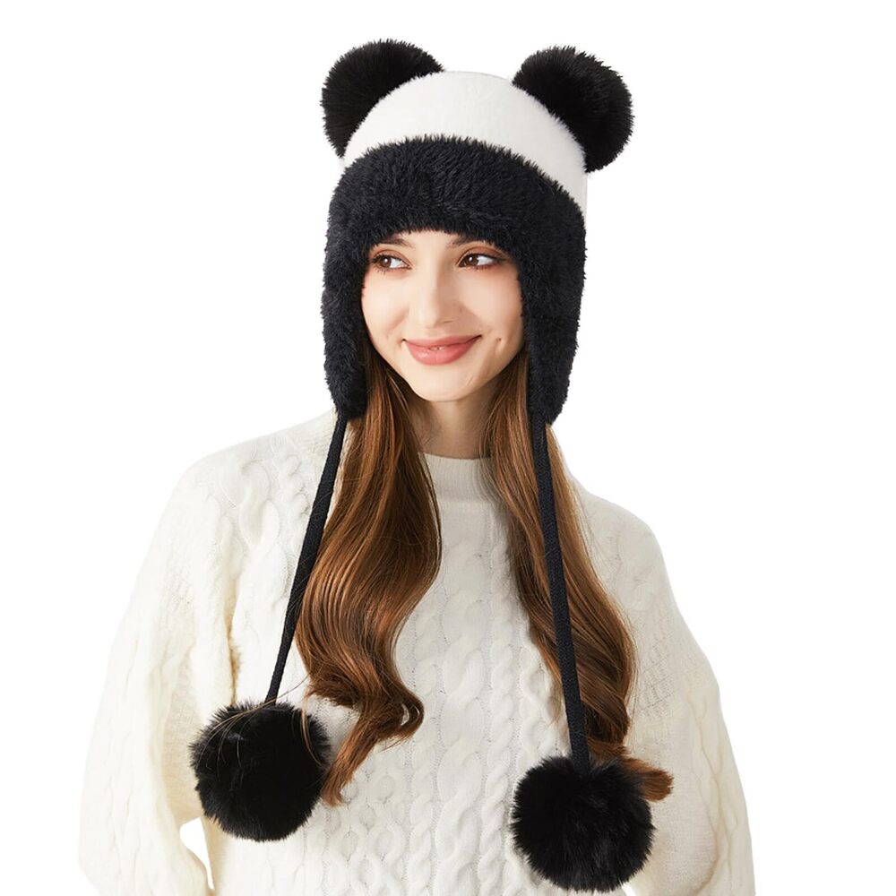 4936 Winter Knit Beanie - Lovely Panda Style Earflaps Hat With Faux Fur Pom